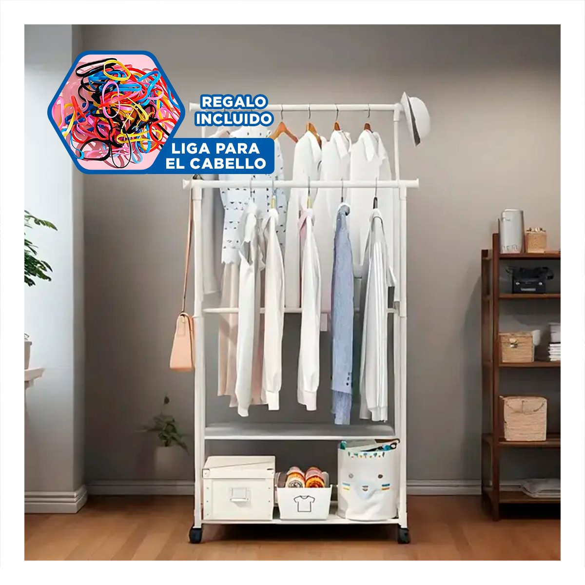 PERCHERO COLGADOR DOBLE DE ROPA BLANCO DISEÑO FUNCIONAL Y ELEGANTE PARA VESTIDOR Y+LIGAS REGALO - 2