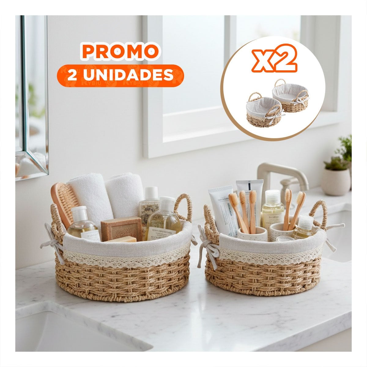 PACK2 CONJUNTO 2 CANASTO CIRCULAR TEJIDO CON FORRO BEIGE Y PLOMO PARA ROPA Y+PAPEL REGALO - 1
