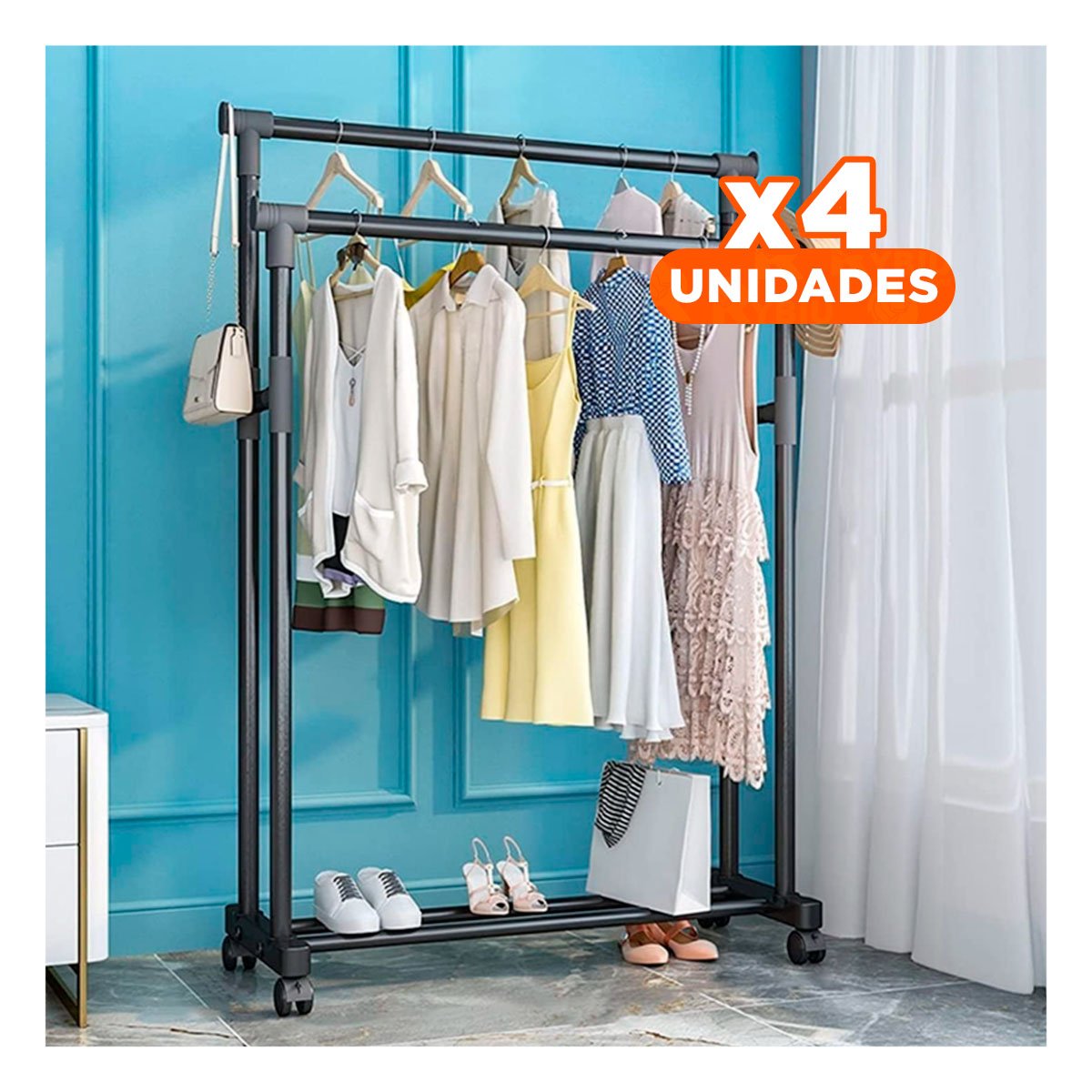 PACK4 ESTRUCTURA COLGADOR DOBLE DE ROPA NEGRO PRACTICA Y MODERNA PARA TU HOGAR Y+PAPEL REGALO - 1