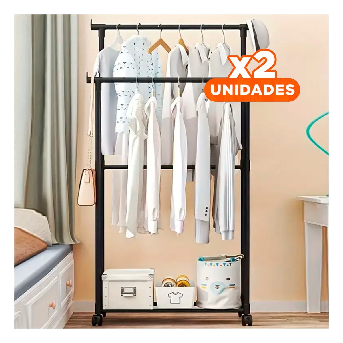 PACK2 EXPOSITOR DOBLE DE ROPA NEGRO COMPACTO Y PRACTICO PARA MANTENER TODO EN ORDEN - 1