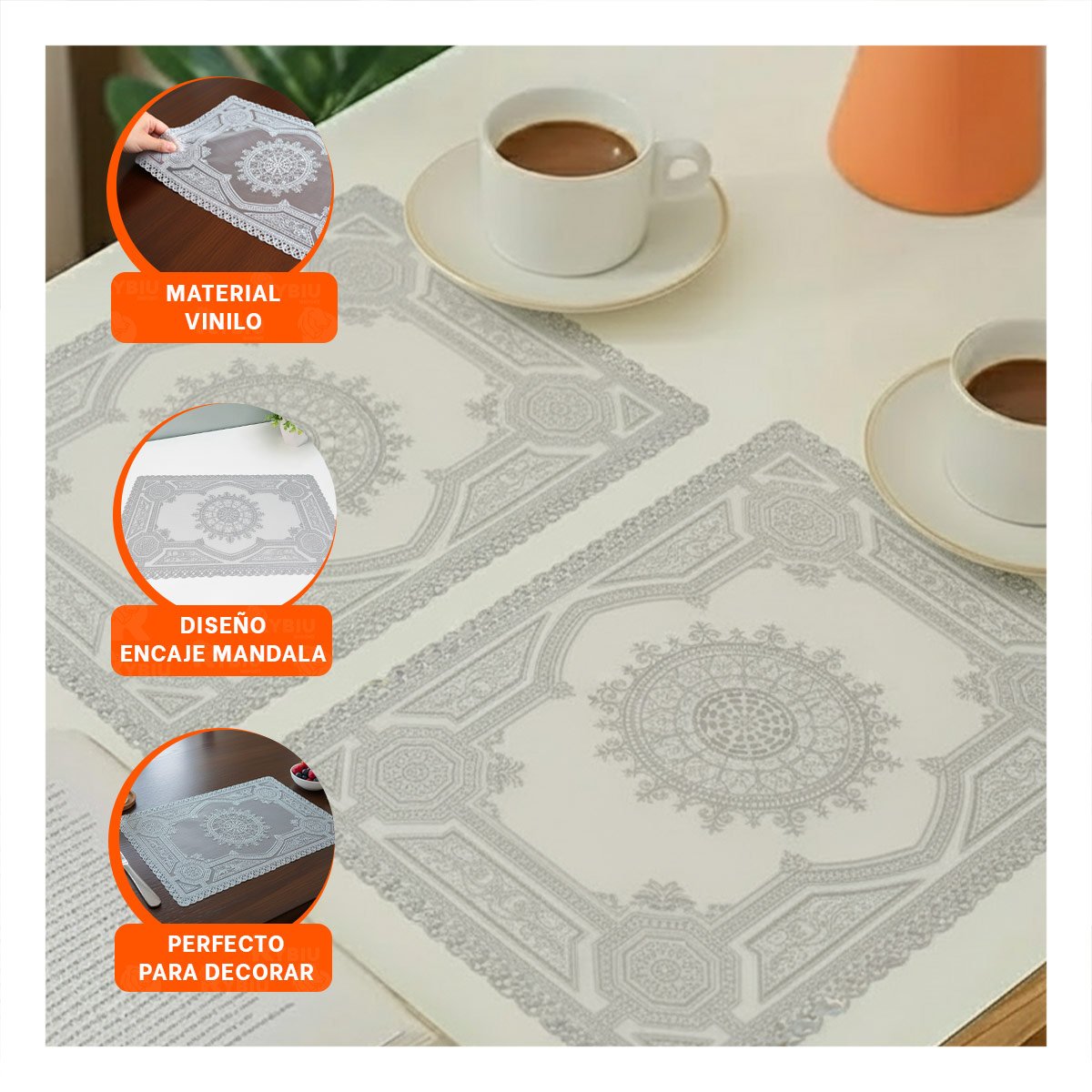 PACK2 CUBIERTA RECTANGULAR PLATEADA CON ENCAJE MANDALA PARA MESA MODERNA - 5
