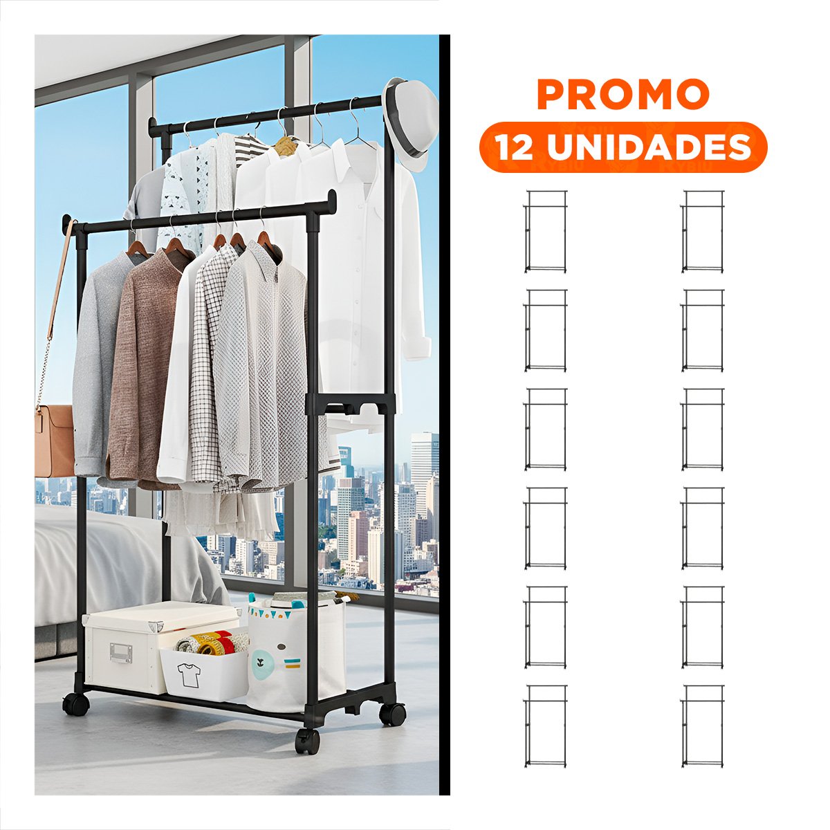 PACK12 ESTANTE DOBLE DE ROPA NEGRO FUNCIONAL Y RESISTENTE PARA TU VESTIDOR - 1