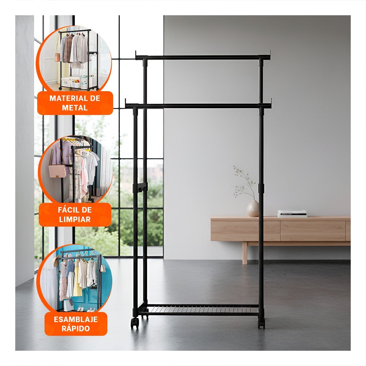 PACK12 SOPORTE DOBLE DE ROPA NEGRO ELEGANTE Y COMPACTO PARA ORGANIZAR Y+PAPEL REGALO - 3