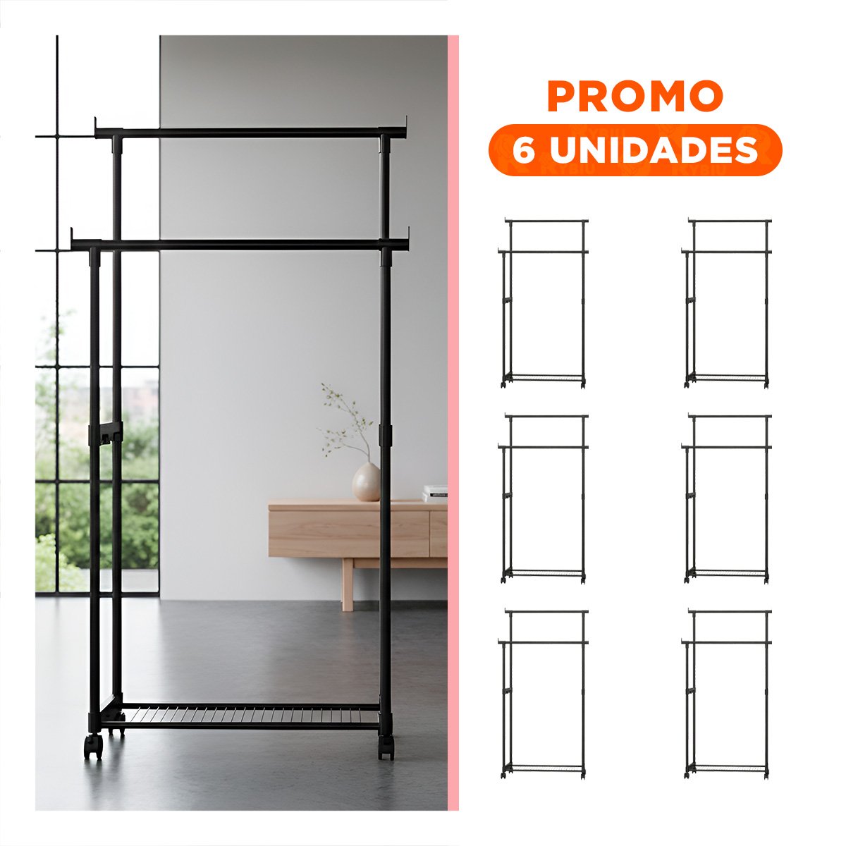 PACK6 RACK DOBLE DE ROPA NEGRO MODERNO Y DURADERO PARA ORGANIZAR ROPA Y+REGALO STICKER - 1