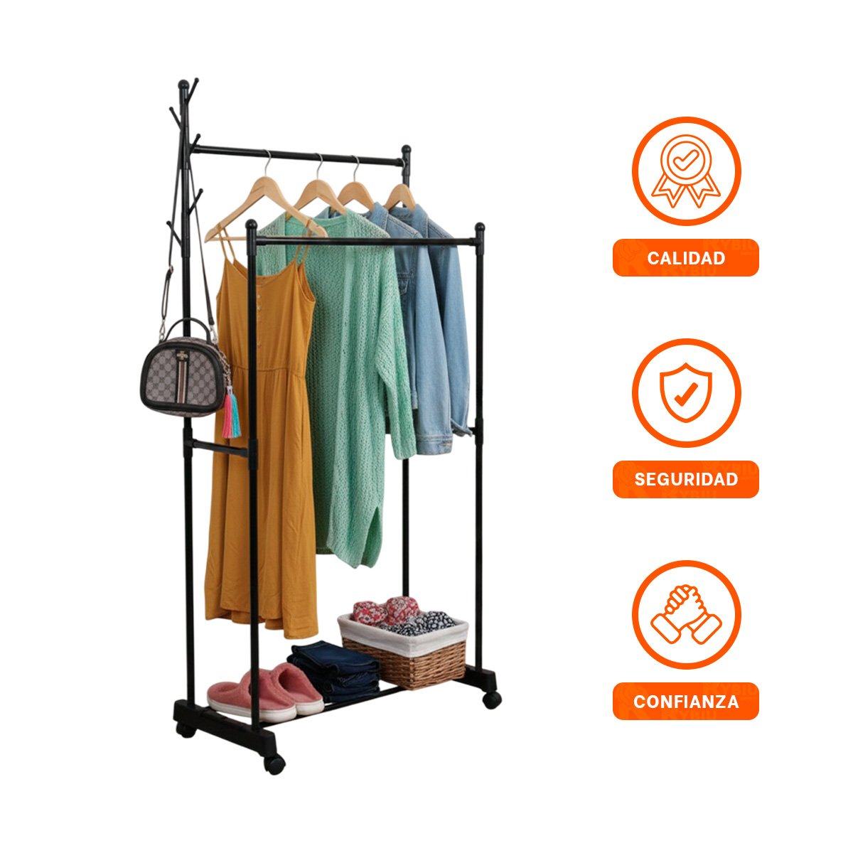 SOPORTE COLGADOR DOBLE DE ROPA NEGRO COMPACTO Y FUNCIONAL Y+PAPEL REGALO - 5