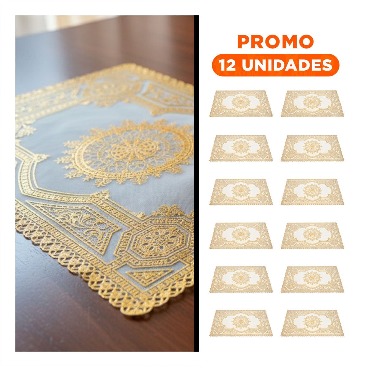 PACK12 PROTECTOR SOFISTICADO DORADO CON ENCAJE MANDALA PARA MESA NAVIDEÑA - 1