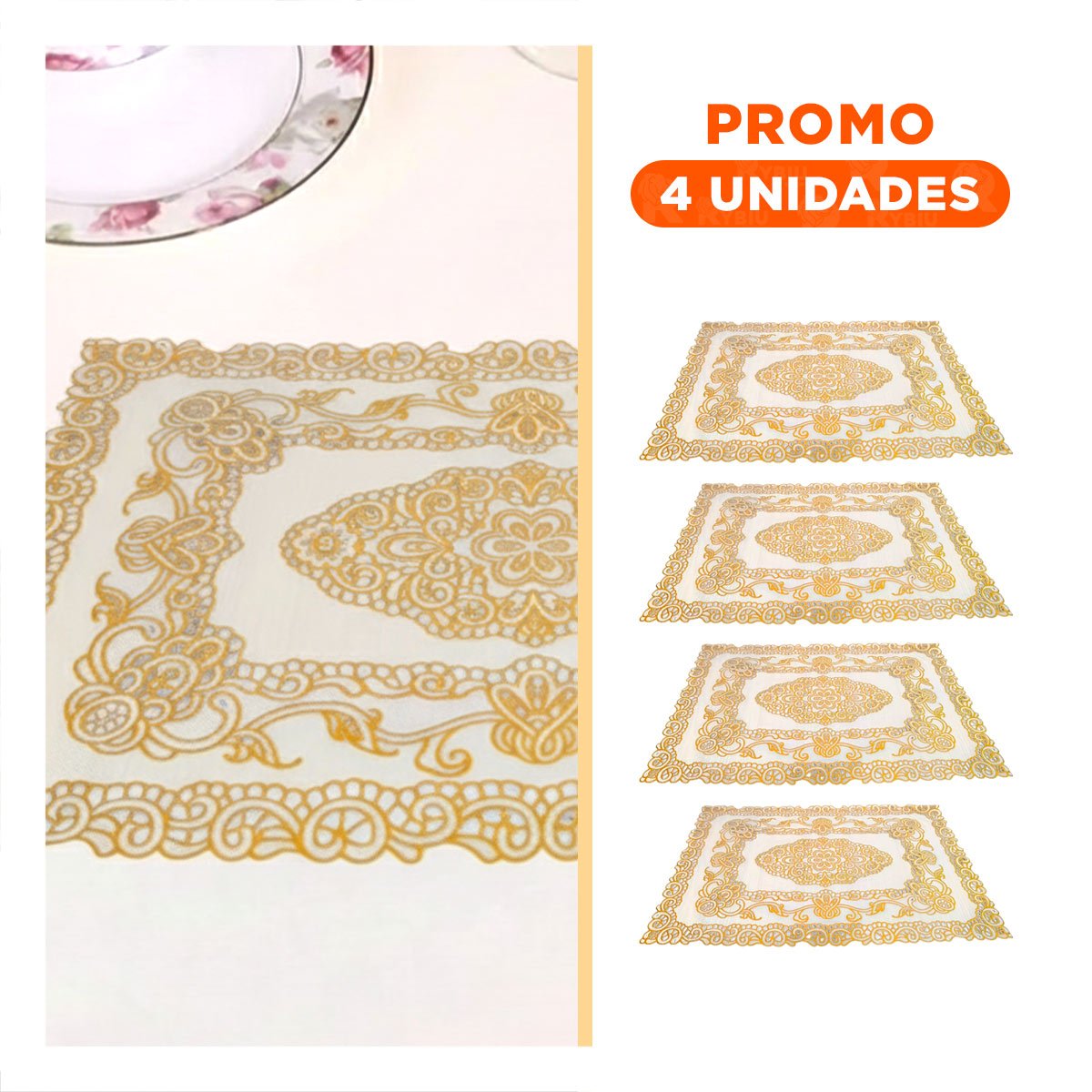 PACK4 CUBIERTA MODERNA DORADO CON DETALLE DE ENCAJE FLOR PARA CELEBRACION - 1