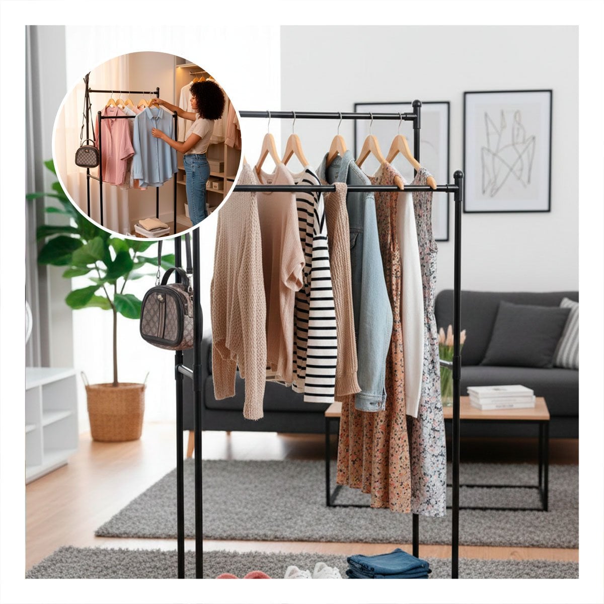 PACK6 ORGANIZADOR DOBLE DE ROPA NEGRO PARA DORMITORIO Y SALA Y+PAPEL REGALO - 2