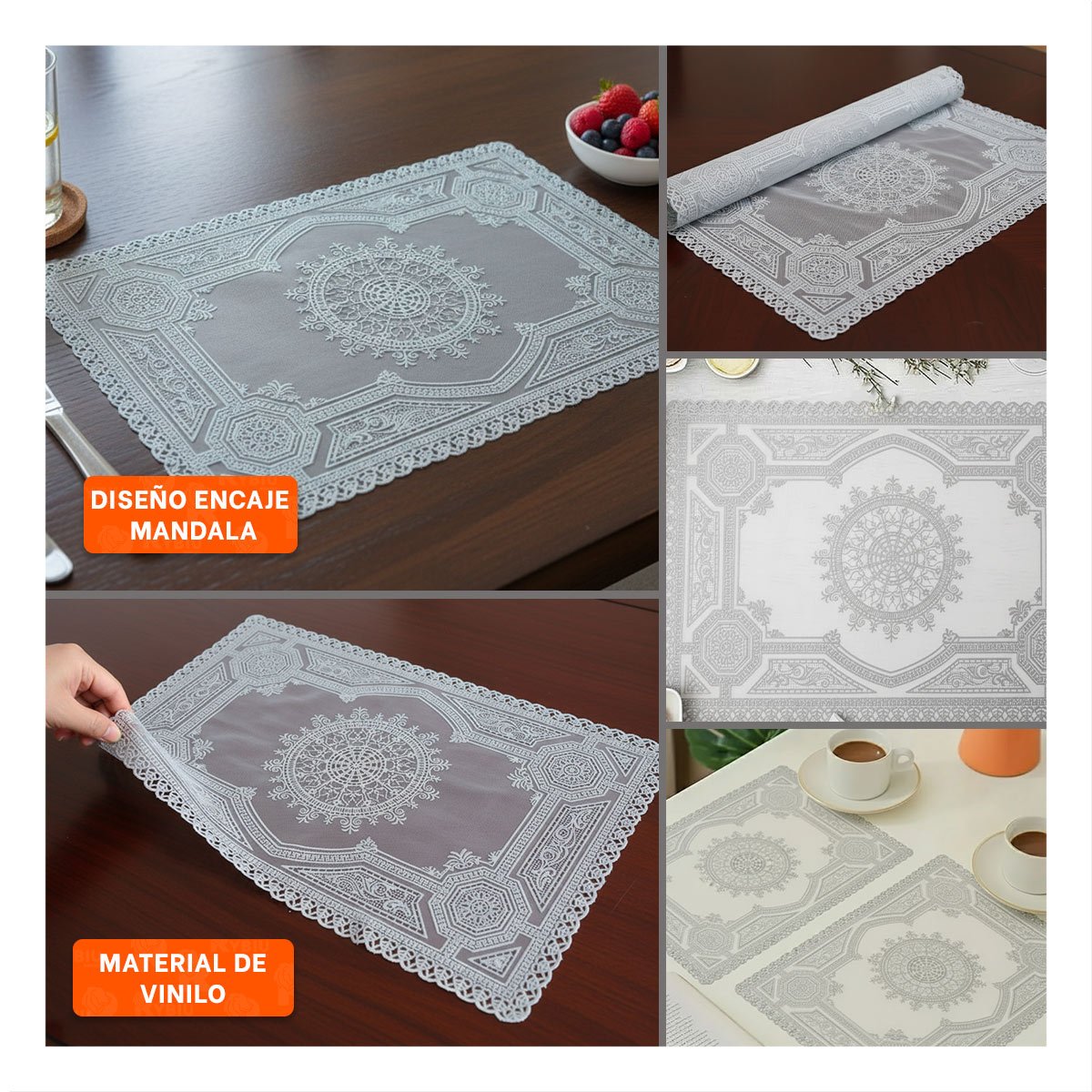 PACK12 PROTECTOR SOFISTICADO PLATEADO CON ENCAJE MANDALA PARA MESA NAVIDENA - 2