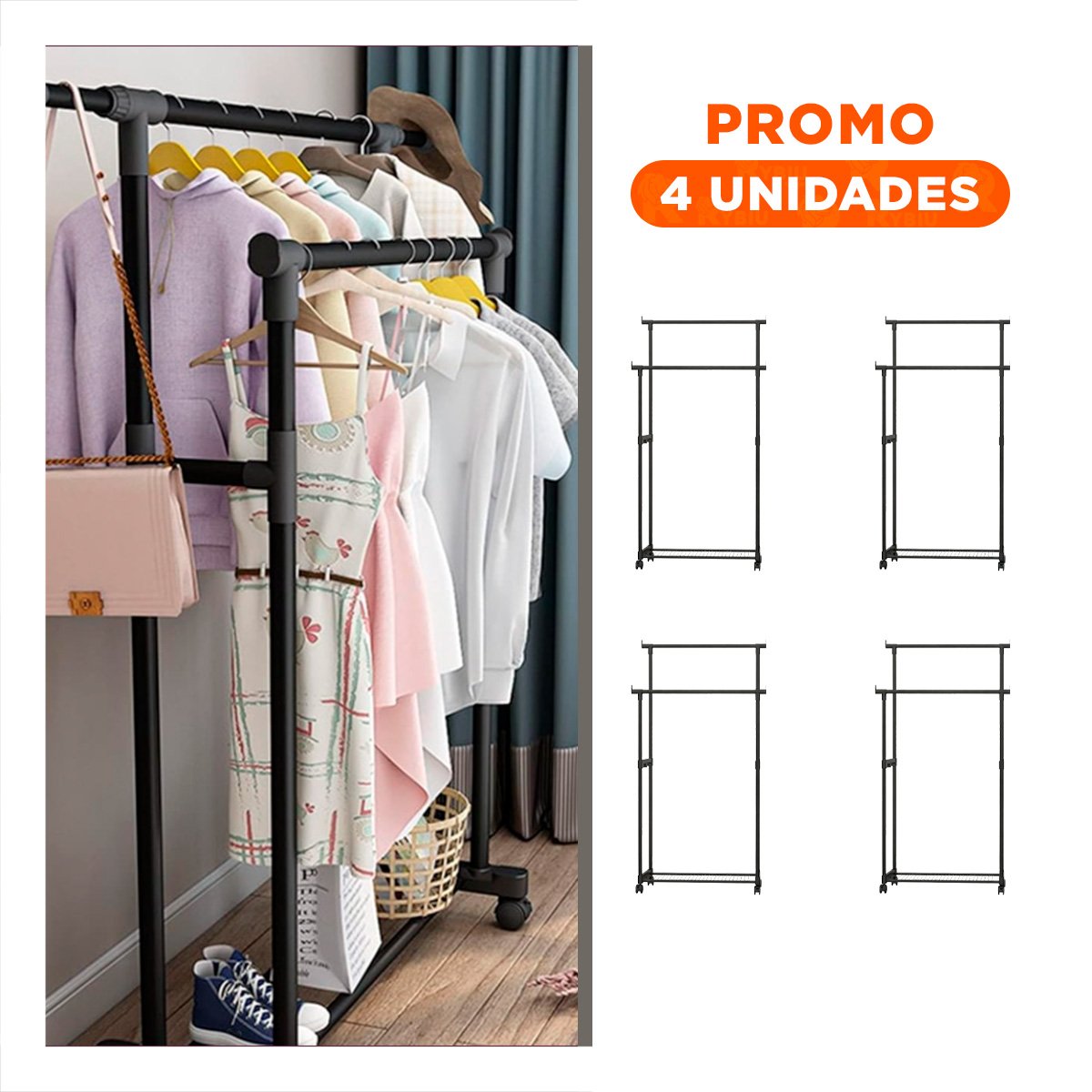 PACK4 BARRA COLGADOR DOBLE DE ROPA NEGRO DURADERA Y VERSATIL PARA ORGANIZAR LA ROPA - 1