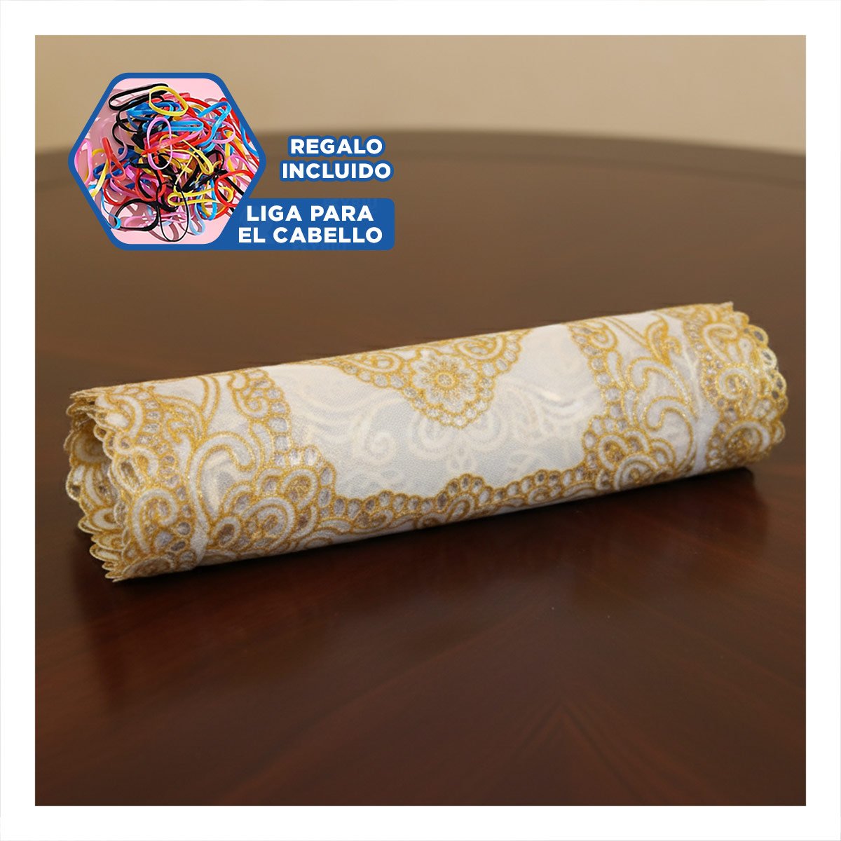 MANTEL MODERNO DORADO CON DETALLE FLORAL PARA MESA DE FIESTA Y+LIGAS REGALO - 2