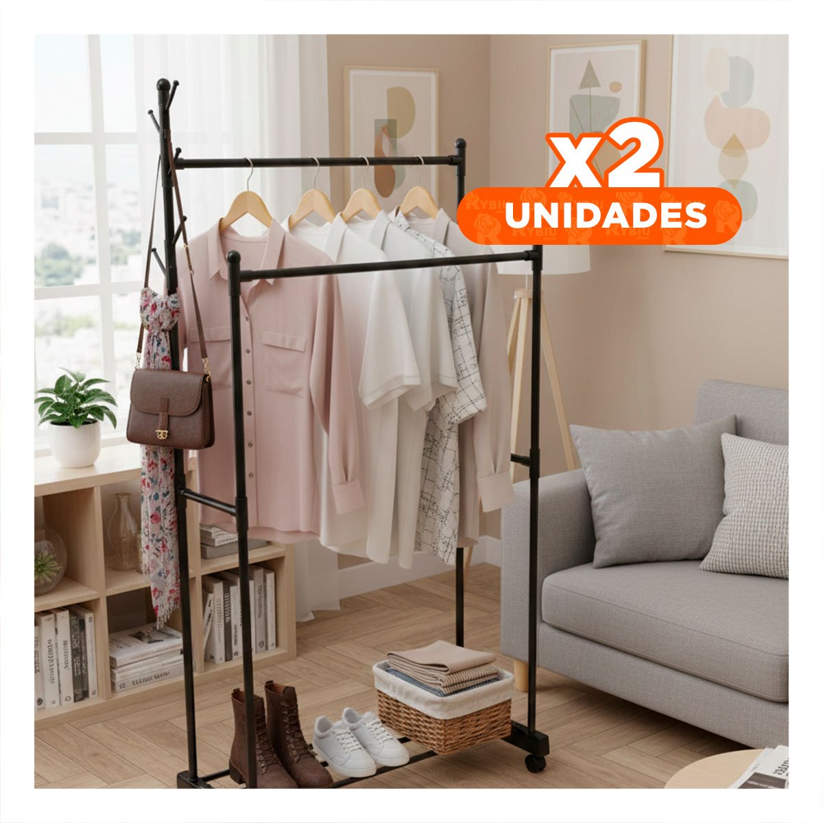 PACK2 PANEL COLGADOR DOBLE DE ROPA NEGRO PARA HABITACION Y OFICINA - 1