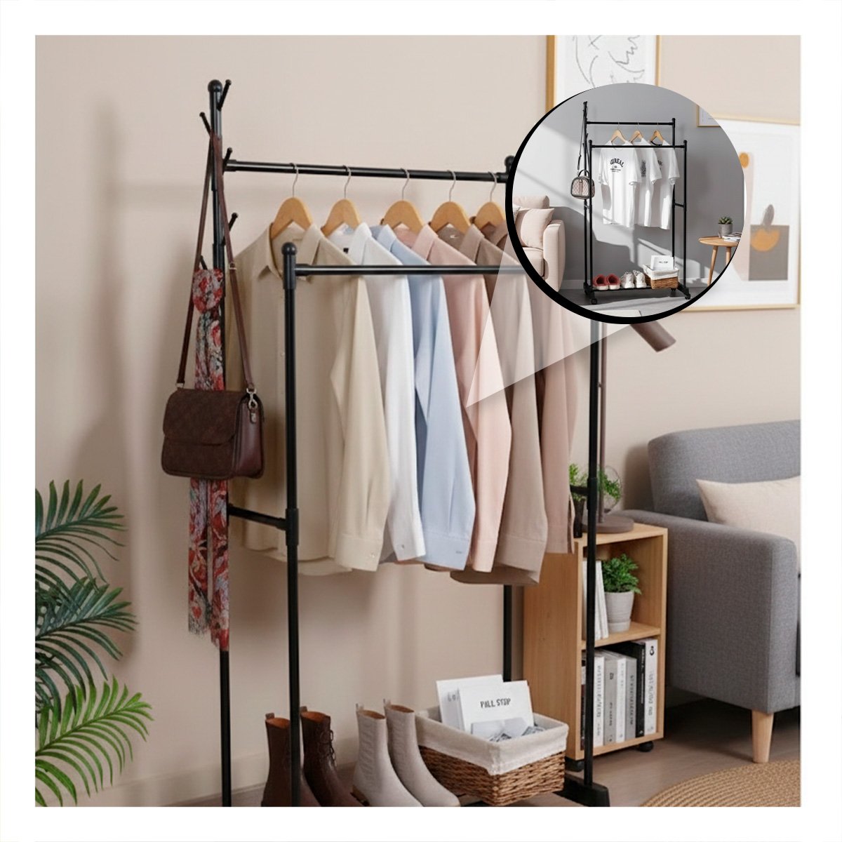 PACK2 PANEL COLGADOR DOBLE DE ROPA NEGRO PARA HABITACION Y OFICINA - 5