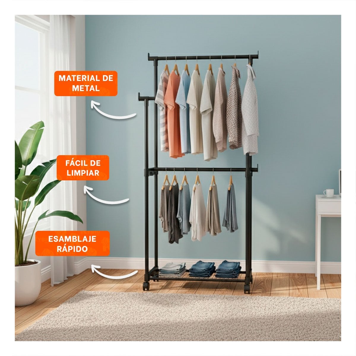 ESTANTE COLGADOR DOBLE DE ROPA NEGRO PARA ORGANIZAR TU HOGAR CON ESTILO MODERNO - 3