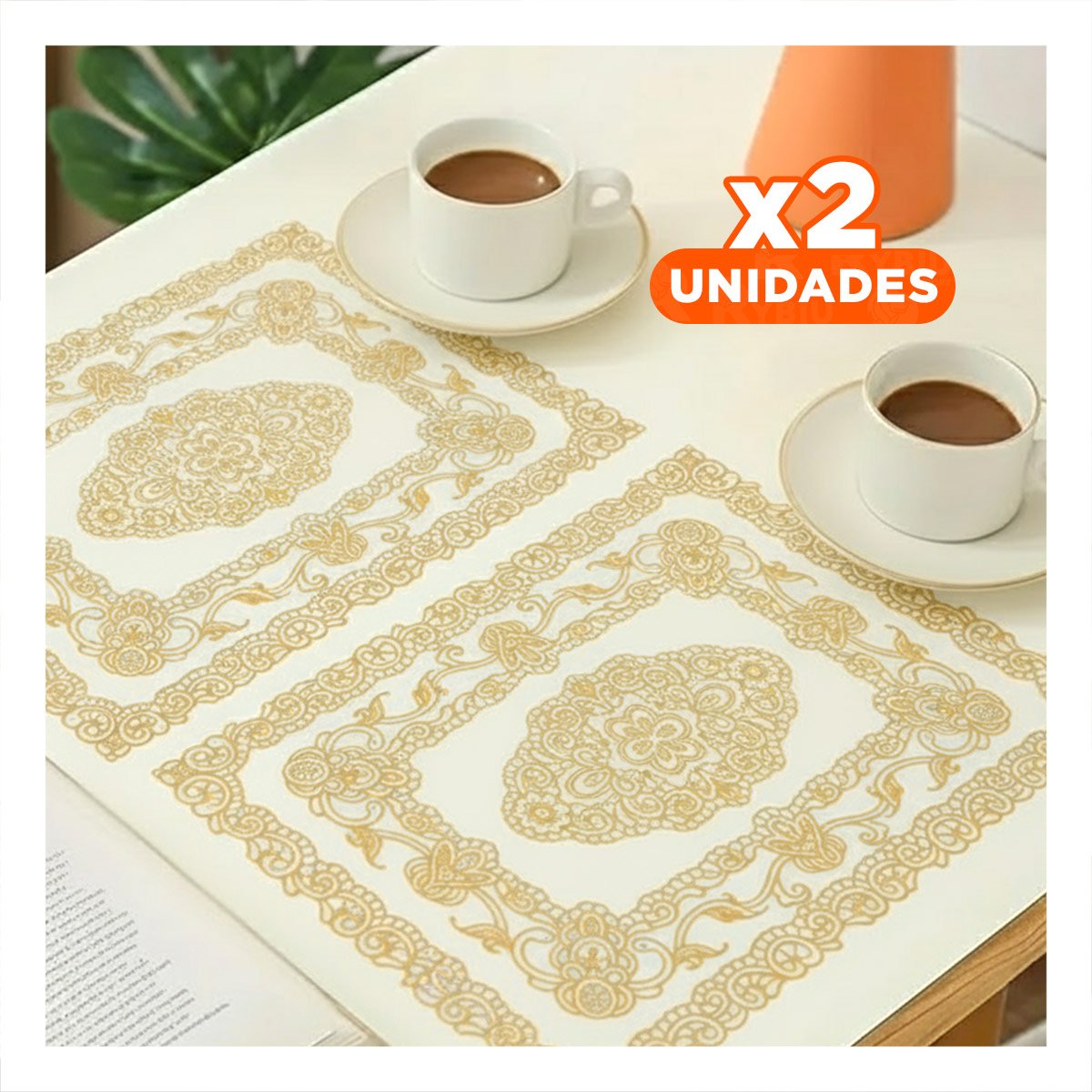 PACK2 CUBIERTA RECTANGULAR DORADO CON ENCAJE FLORAL PARA MESA MODERNA - 1
