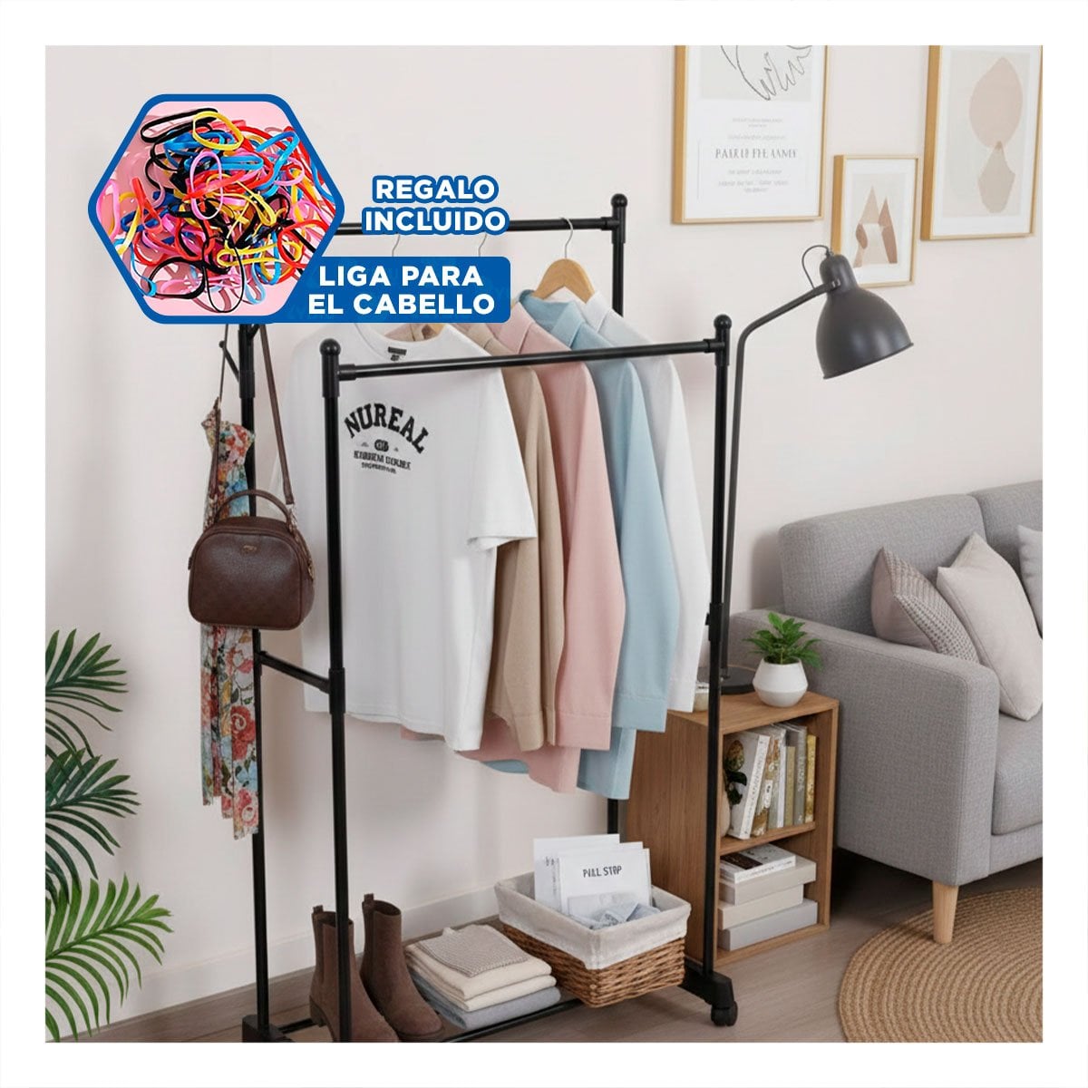 RACK COLGADOR DOBLE DE ROPA NEGRO PRÁCTICO Y RESISTENTE Y+LIGAS REGALO - 2