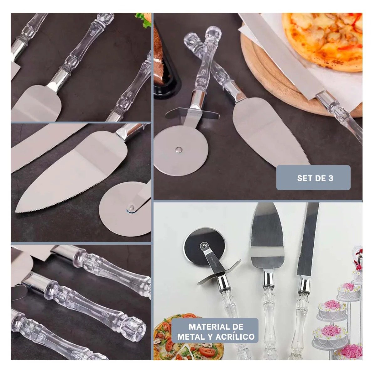 PACK12 ACCESORIOS 3 PIEZAS CUCHILLO ESPATULA CORTADOR MANGO ACRILICO CORTES PRECISO - 2