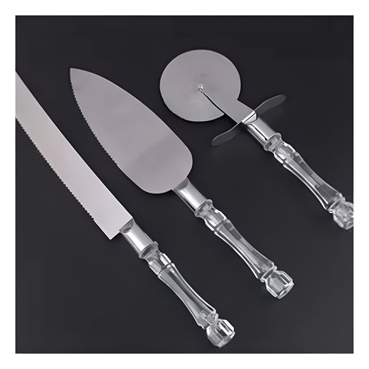 SET DE PASTEL Y PIZZA 3 PIEZAS CUCHILLO ESPATULA CORTADOR MANGO ACRILICO FACIL Y+PAPEL REGALO - 1