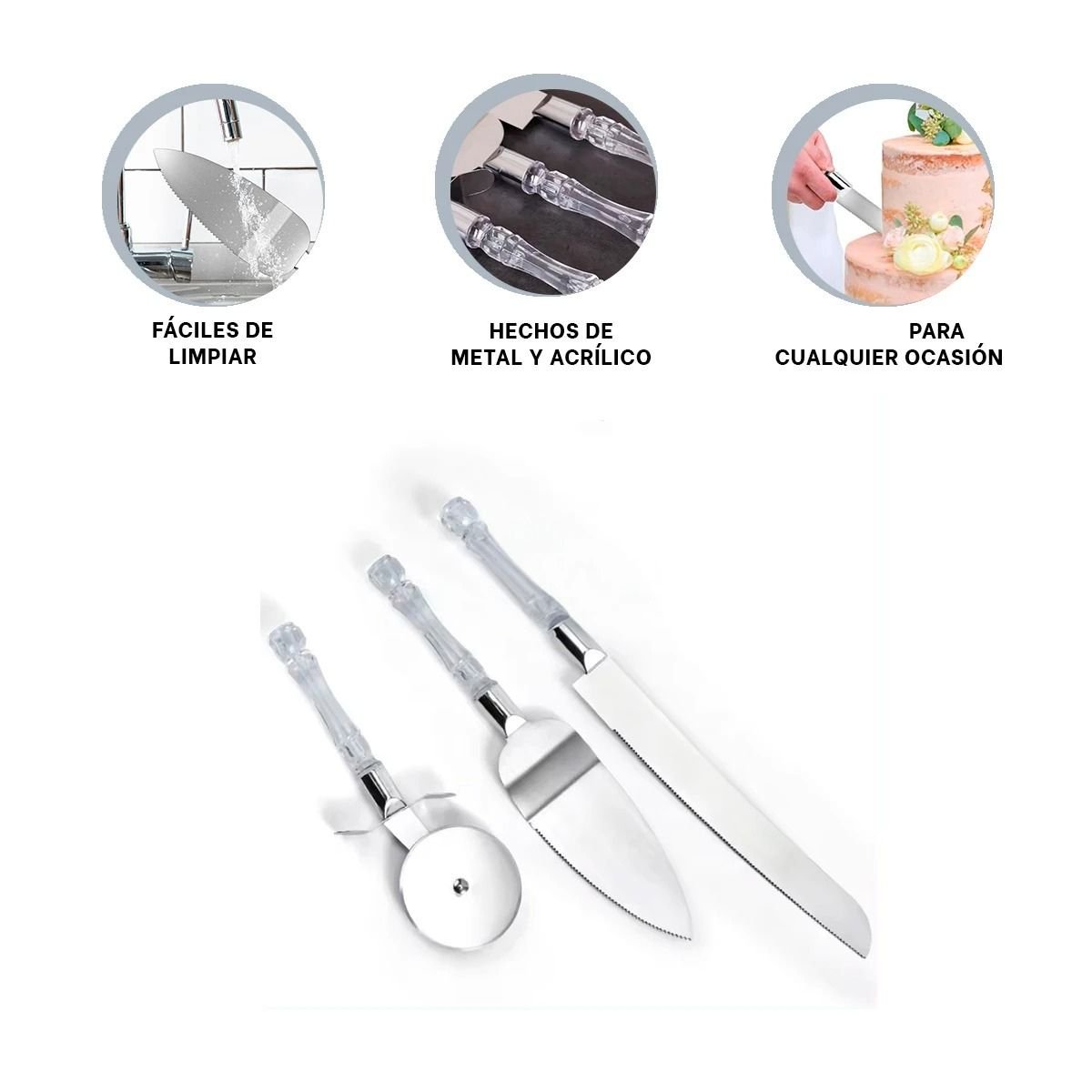 SET DE PASTEL Y PIZZA 3 PIEZAS CUCHILLO ESPATULA CORTADOR MANGO ACRILICO FACIL Y+PAPEL REGALO - 5