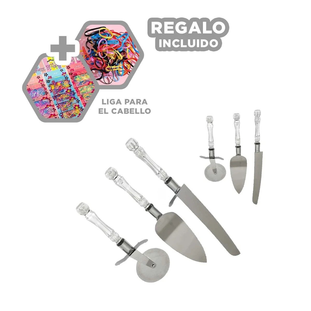 SET DE PASTEL Y PIZZA 3 PIEZAS CUCHILLO ESPATULA CORTADOR MANGO ACRILICO Y+LIGAS REGALO - 2