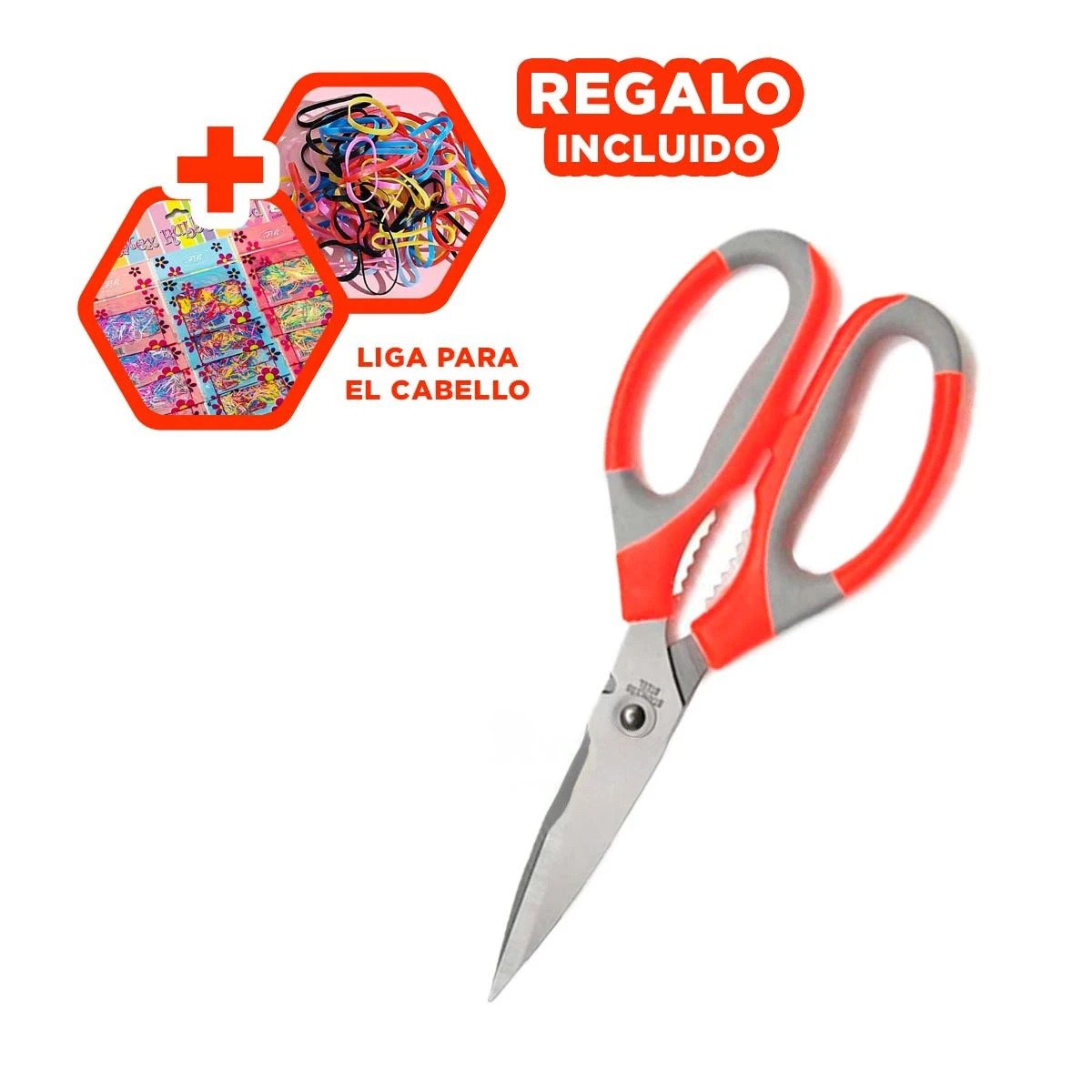 TIJERA DE COCINA 3 EN 1 NARANJA CORTADOR Y ABRIDOR DE BOTELLA INTEGRADO Y+LIGAS REGALO - 2