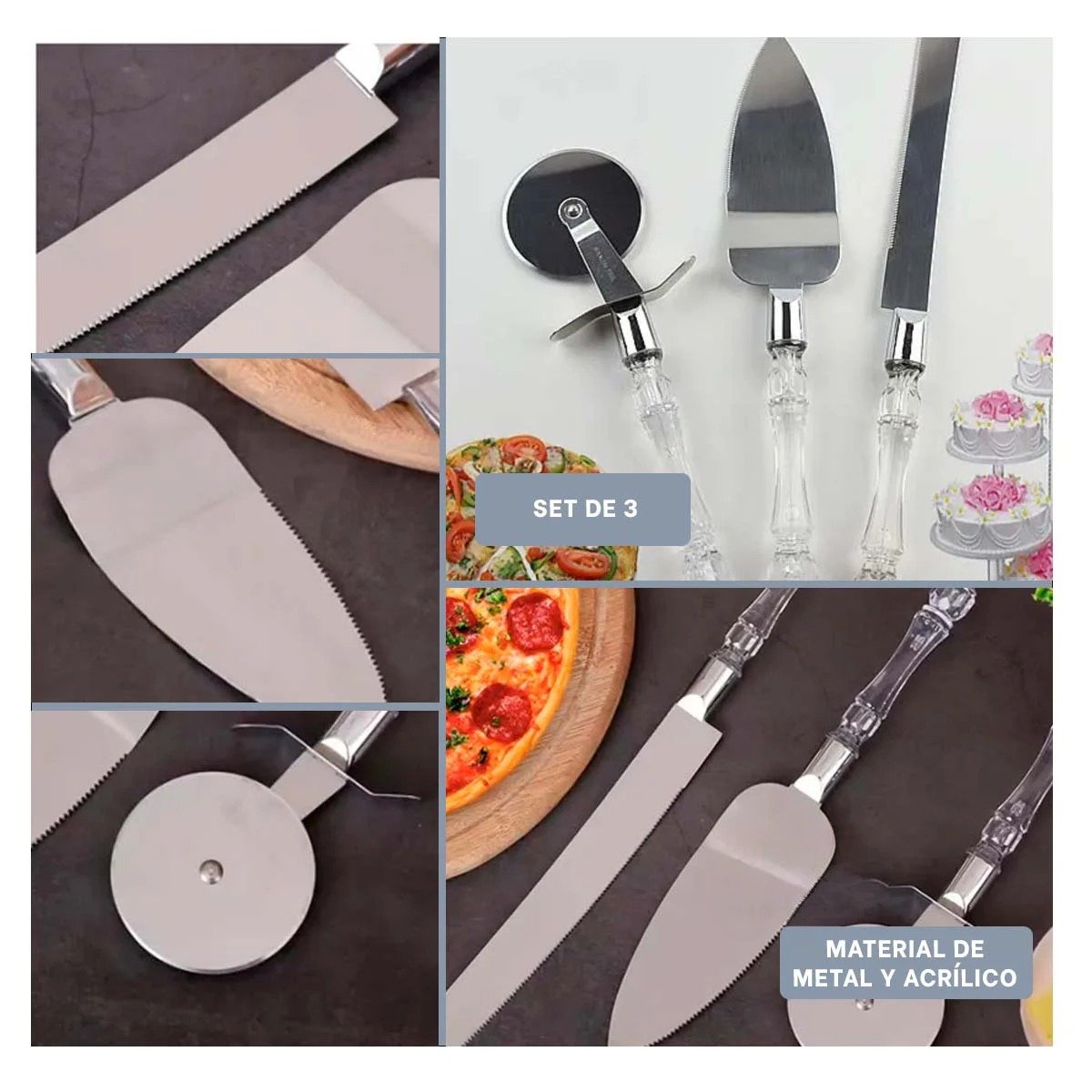 SET DE PASTEL Y PIZZA 3 PIEZAS CUCHILLO ESPATULA CORTADOR MANGO ACRILICO PRECISO Y+POST IT - 2