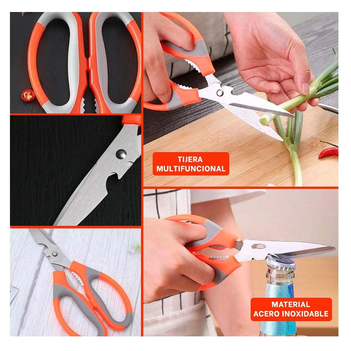 TIJERA DE COCINA MULTIFUNCIONAL 3 EN 1 CORTADOR Y DESTAPADOR DE BOTELLA NARANJA - 2