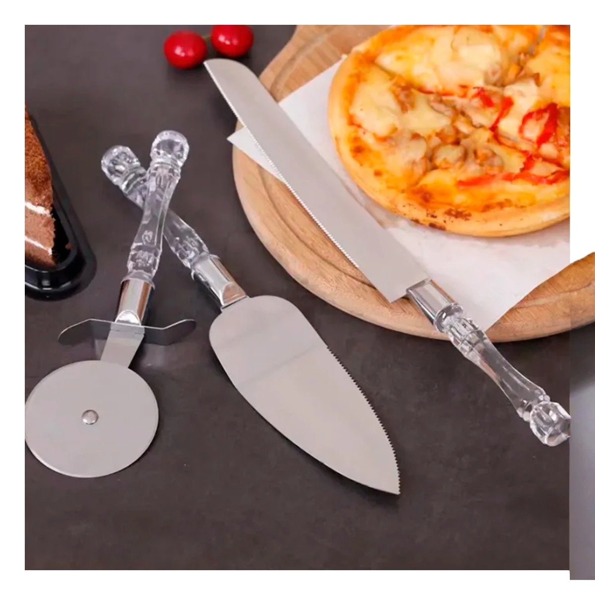 PACK4 ACCESORIOS 3 PIEZAS CUCHILLO ESPATULA CORTADOR MANGO ACRILICO COCINA Y+REGALO STICKER - 3