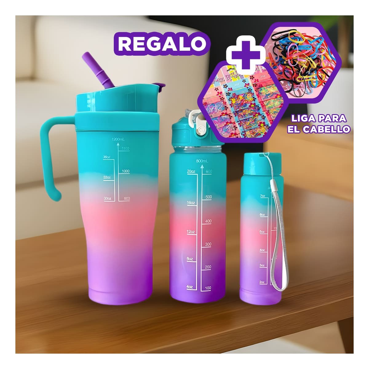 TOMATODO TRIO TRICOLOR CELESTE ROSADO MORADO CON STICKER 2D SEGURO PRACTICO Y+LIGAS REGALO - 2