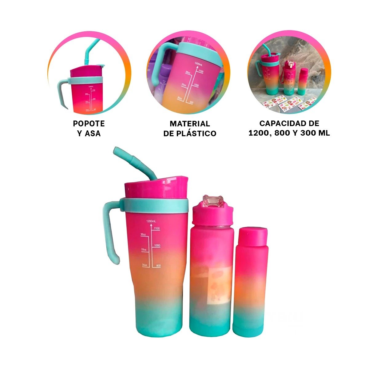 TOMATODO TRIO TRICOLOR 1200ML 800ML 300ML CON STICKER 2D PRACTICO Y SEGURO Y+PAPEL REGALO - 5