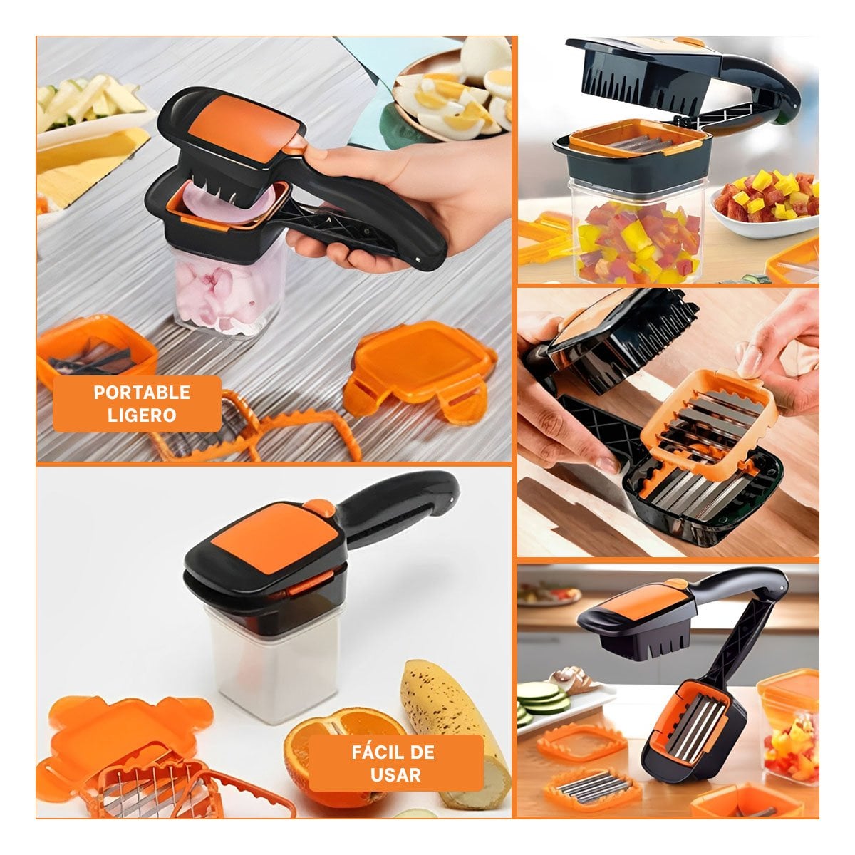 PICADOR MULTIFUNCIONAL DE FRUTAS Y VERDURAS NEGRO Y NARANJA PARA USO DIARIO Y+LIGAS REGALO - 1