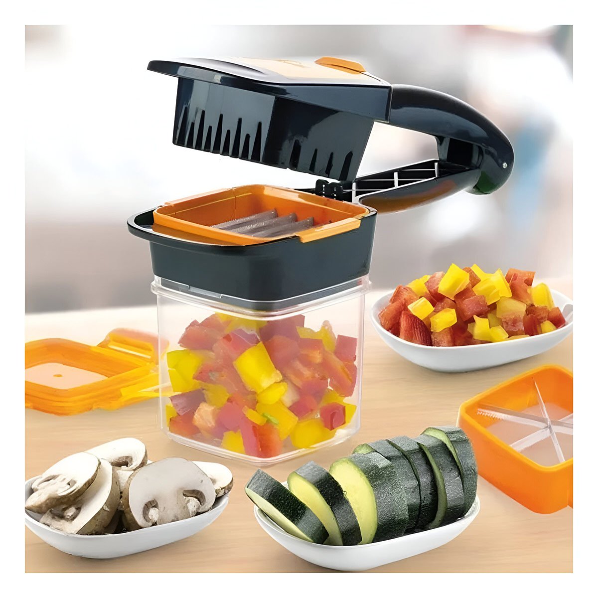 PICADOR MULTIFUNCIONAL DE FRUTAS Y VERDURAS NEGRO Y NARANJA CON MANGO SEGURO Y+PAPEL REGALO - 1