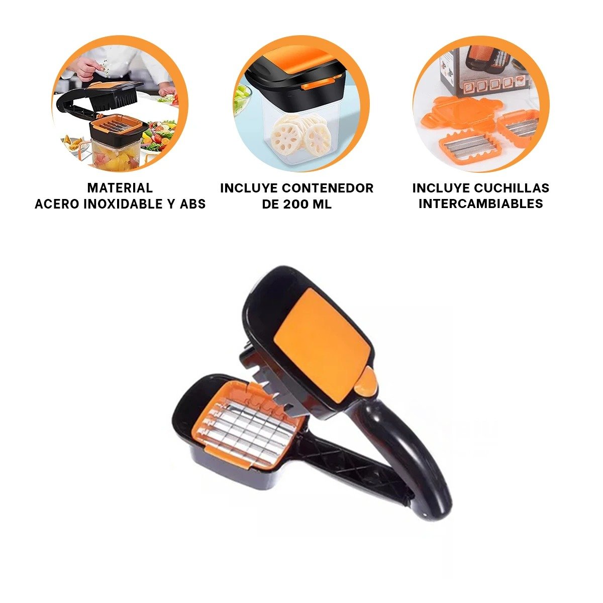 PICADOR MULTIFUNCIONAL DE FRUTAS Y VERDURAS NEGRO Y NARANJA CON MANGO SEGURO Y+PAPEL REGALO - 5