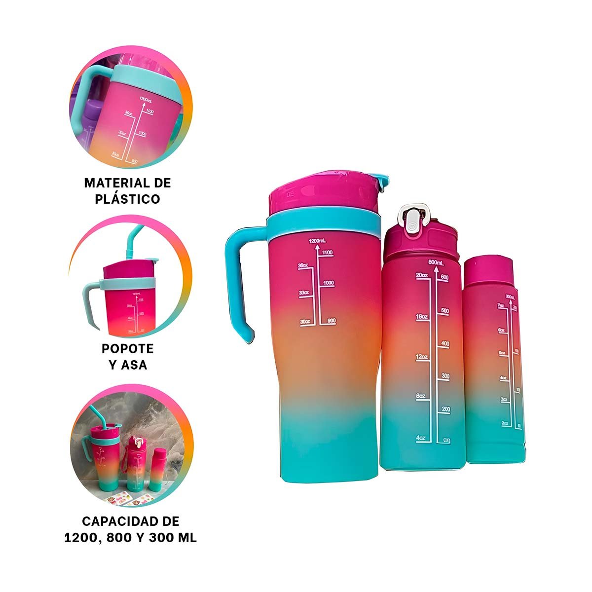 TOMATODO TRIO TRICOLOR 1200ML 800ML 300ML CON STICKER 2D COMPACTO Y SEGURO Y+POST IT - 5