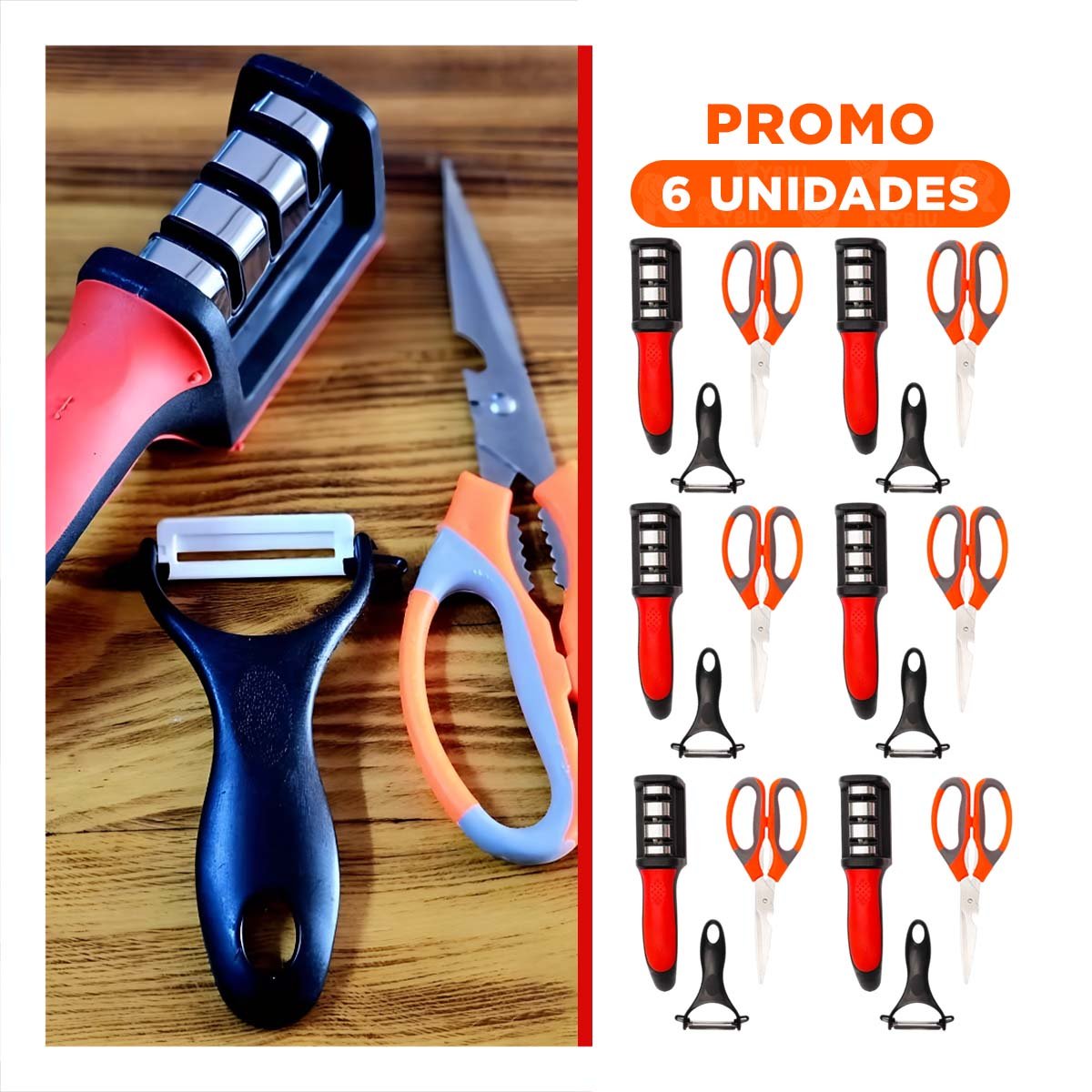 PACK12 ACCESORIOS 3 PIEZAS TIJERA AFILADOR PELADOR MANGO COCINA RAPIDA - 1