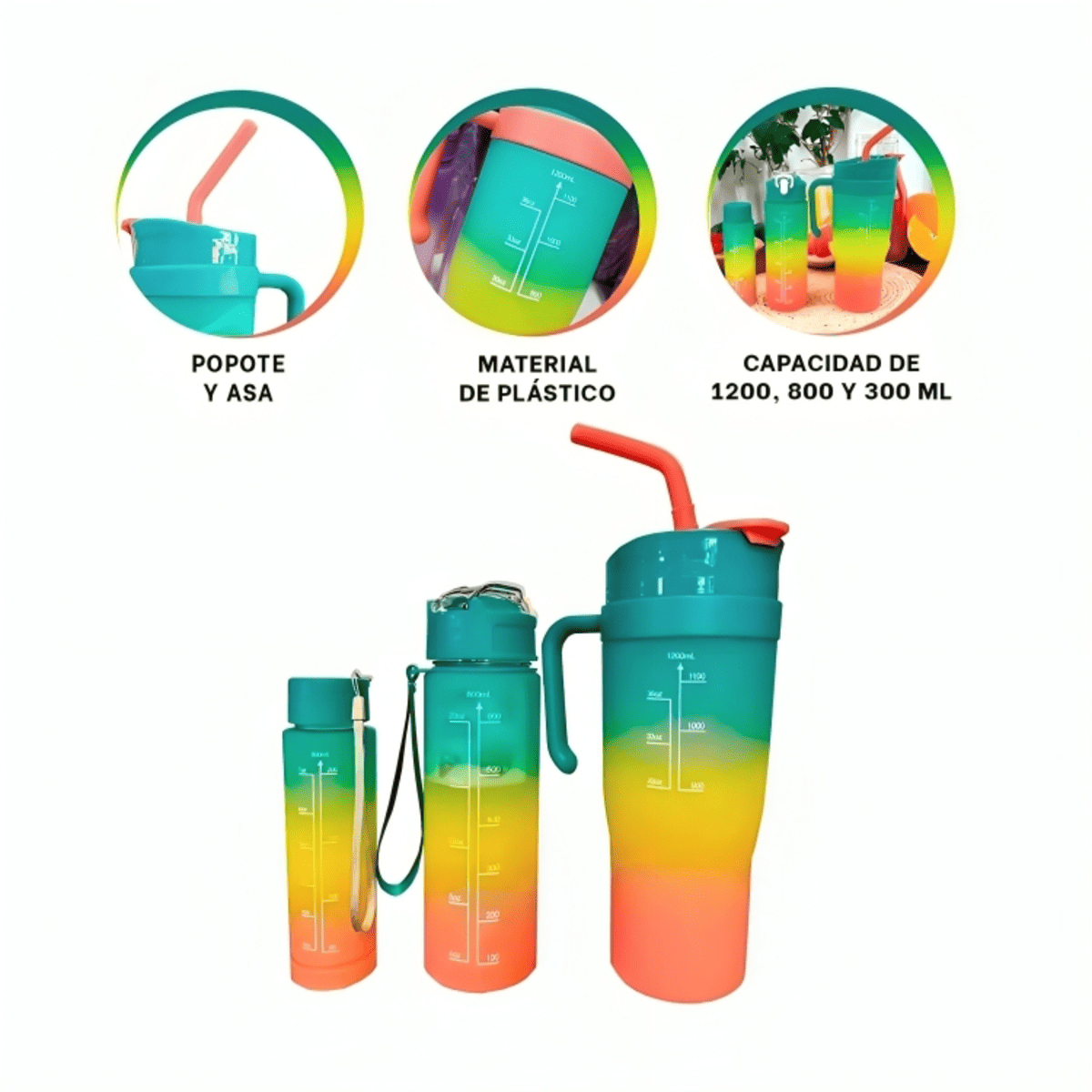 TOMATODO TRIO TRICOLOR VERDE AMARILLO ROSADO 1200ML 800ML 300ML COMPACTO Y FACIL Y+POST IT - 5