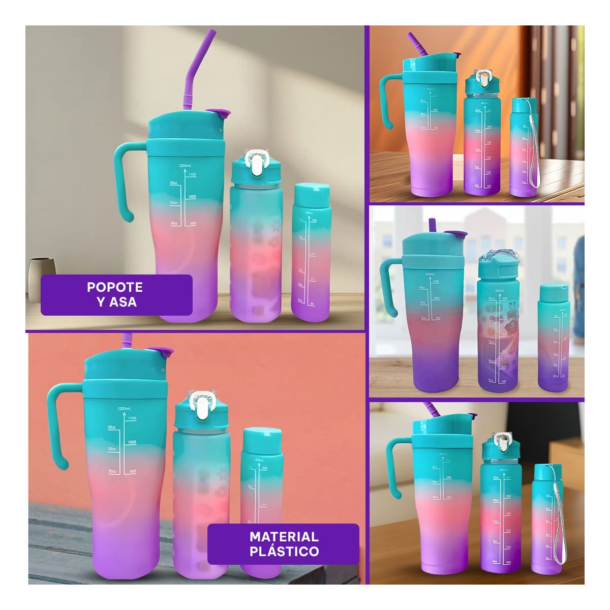 TOMATODO TRIO TRICOLOR CELESTE ROSADO MORADO 1200ML 800ML 300ML FACIL USO - 2