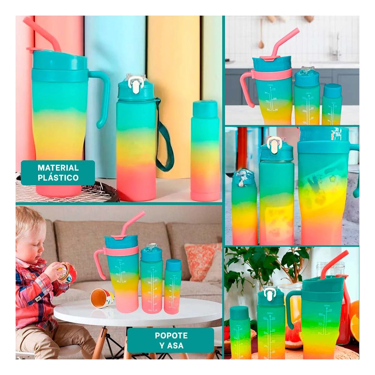 PACK4 EQUIPO TRIO TRICOLOR VERDE AMARILLO ROSADO 1200ML 800ML 300ML PRACTICO Y+REGALO STICKER - 2
