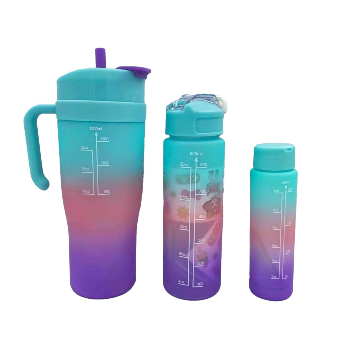 TOMATODO TRIO TRICOLOR CELESTE ROSADO MORADO 1200ML 800ML 300ML FACIL LIMPIAR Y+REGALO STICKER - 1