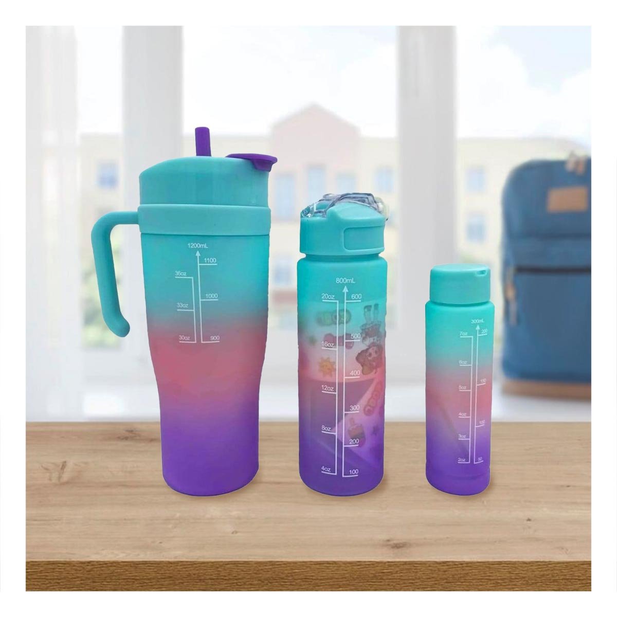 TOMATODO TRIO TRICOLOR CELESTE ROSADO MORADO 1200ML 800ML 300ML FACIL LIMPIAR Y+REGALO STICKER - 2
