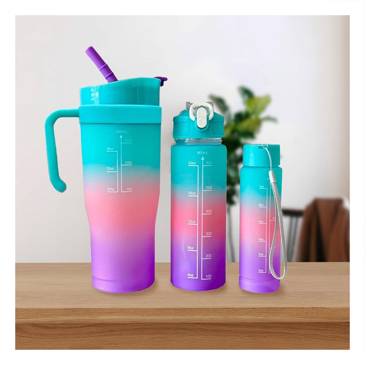 TOMATODO TRIO TRICOLOR CELESTE ROSADO MORADO 1200ML 800ML 300ML FACIL LIMPIAR Y+REGALO STICKER - 3