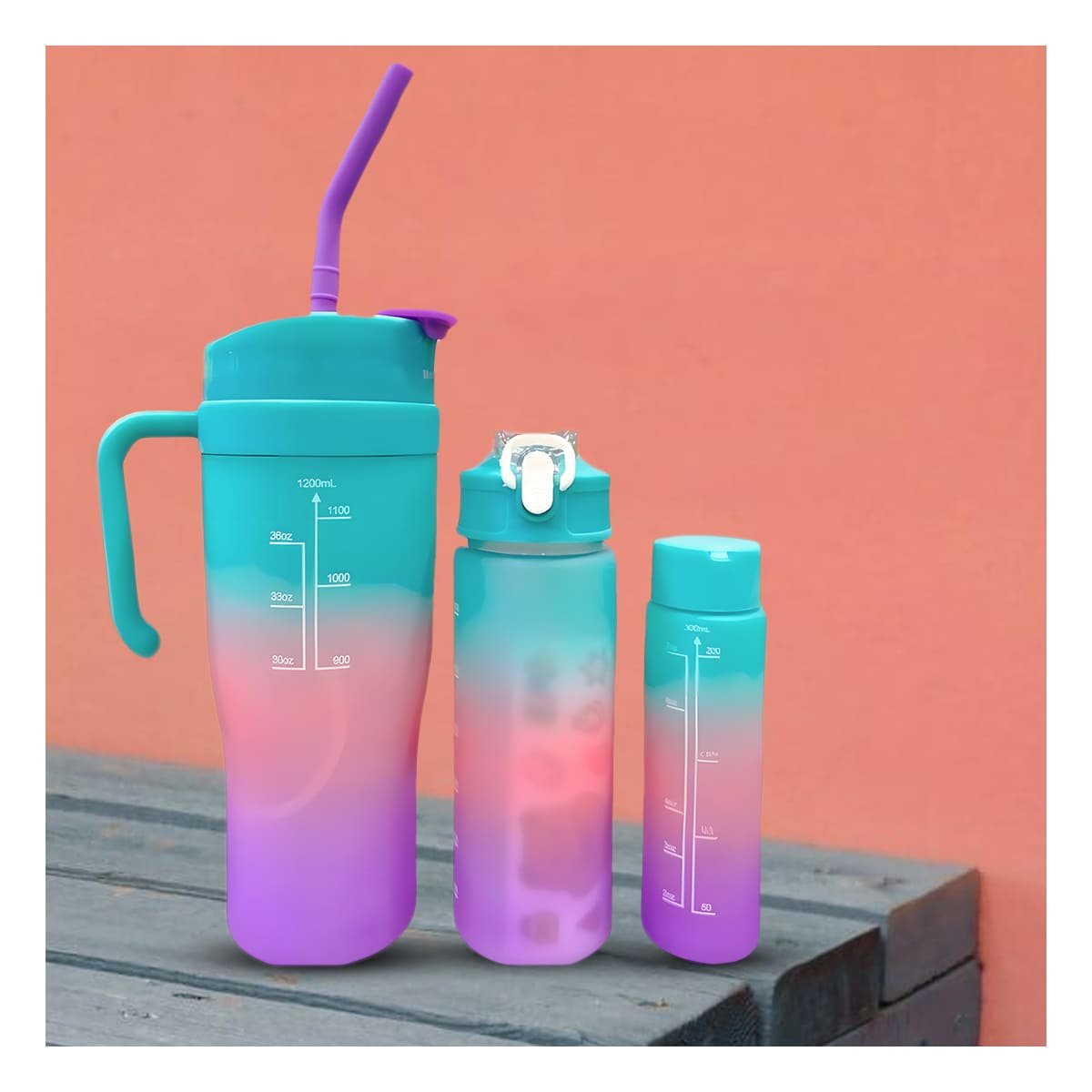 TOMATODO TRIO TRICOLOR CELESTE ROSADO MORADO 1200ML 800ML 300ML FACIL LIMPIAR Y+REGALO STICKER - 5