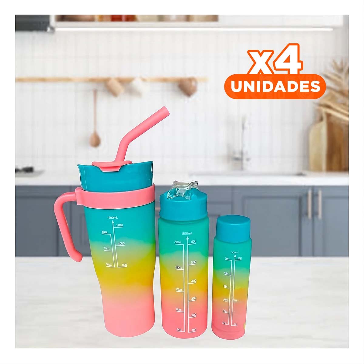 PACK4 SET TRIO TRICOLOR VERDE AMARILLO ROSADO 1200ML 800ML 300ML SEGURO Y+PAPEL REGALO - 1