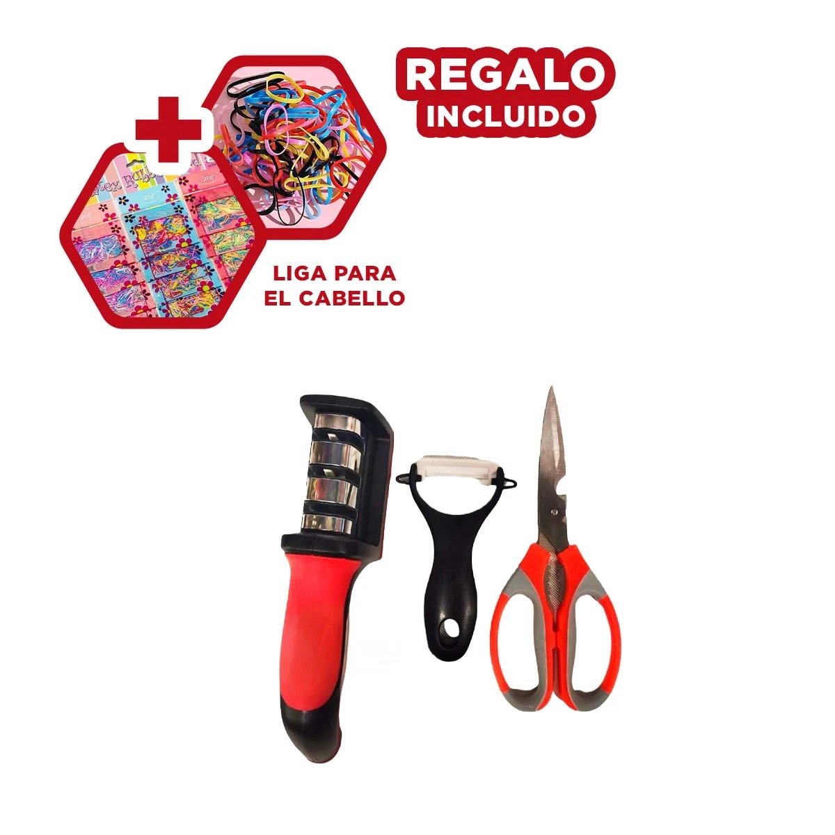 SET DE 3 TIJERA AFILADOR PELADOR MANGO COCINA RAPIDA Y CORTES SEGUROS Y+LIGAS REGALO - 2