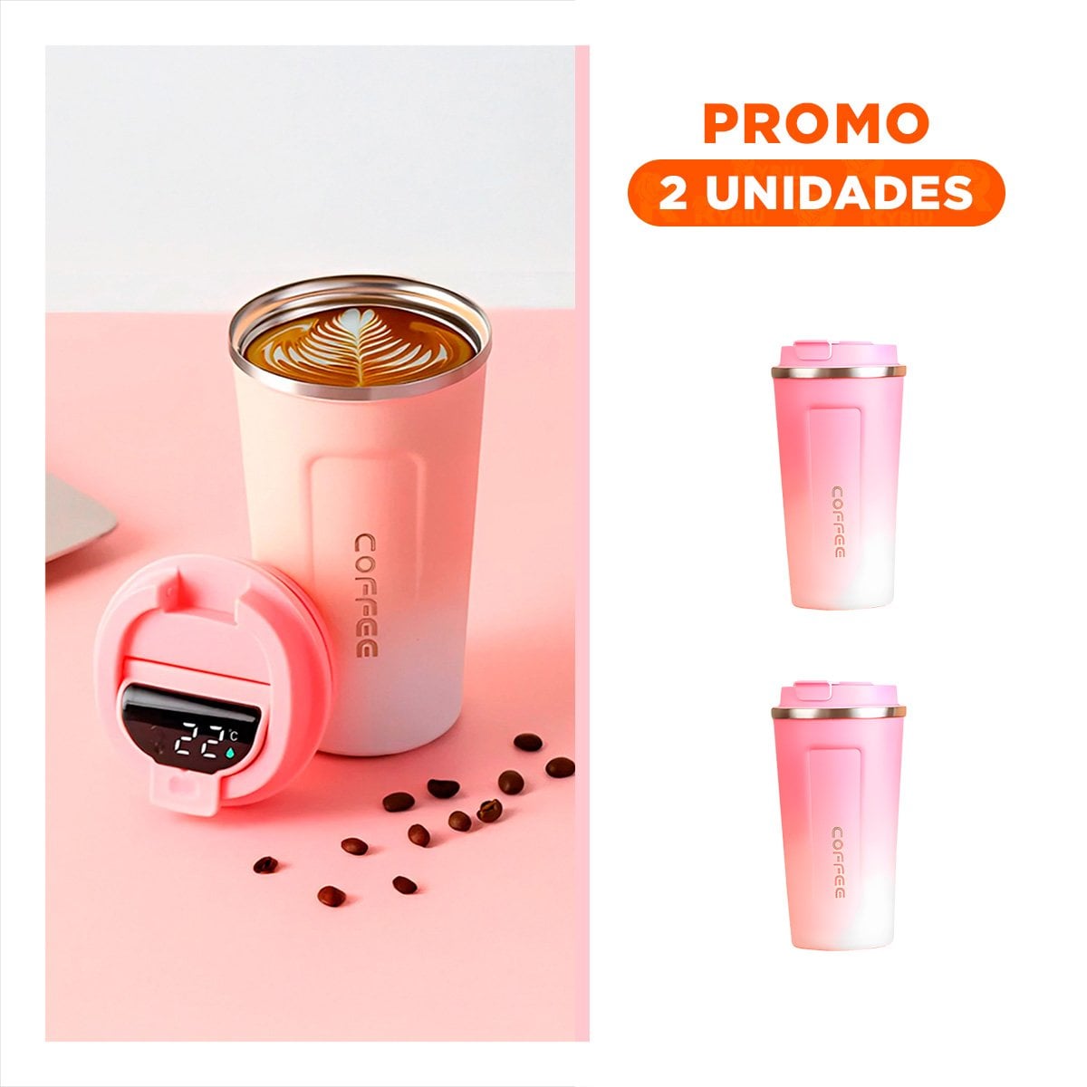 PACK2 RECIPIENTE DIGITAL 510ML ROSADO CON BLANCO PORTÁTIL ELEGANTE Y+REGALO STICKER - 1