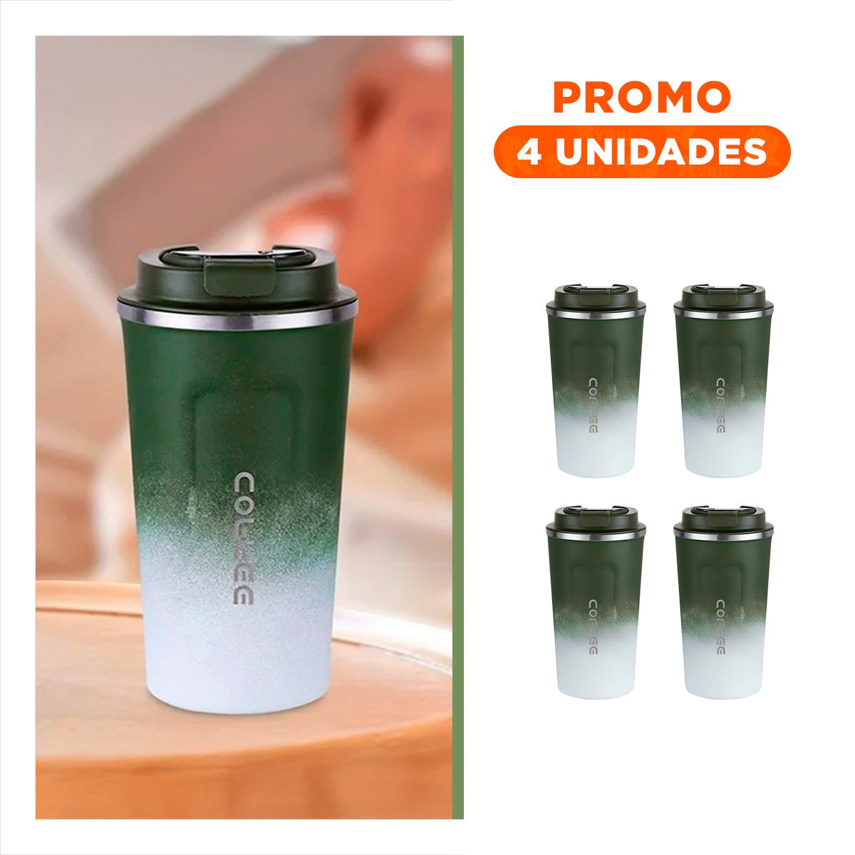 PACK4 CÁLIZ DIGITAL 510ML VERDE CON BLANCO MANTIENE BEBIDAS CALIENTES Y FRÍAS - 1