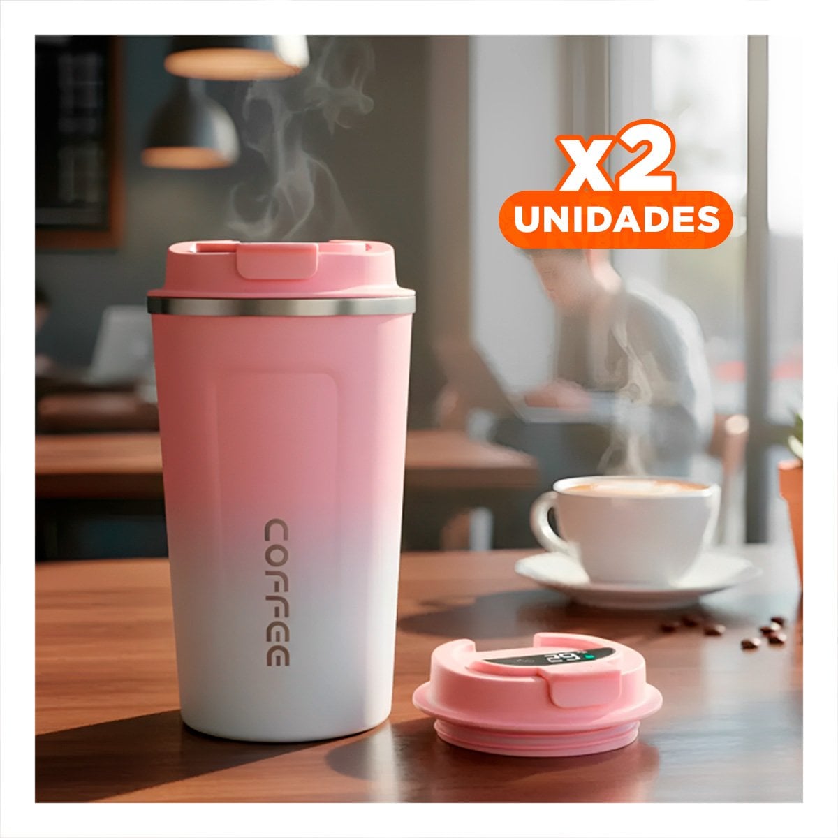 PACK2 RECIPIENTE DIGITAL 510ML ROSADO CON BLANCO IDEAL PARA CAFÉ DIARIO Y+PAPEL REGALO - 1