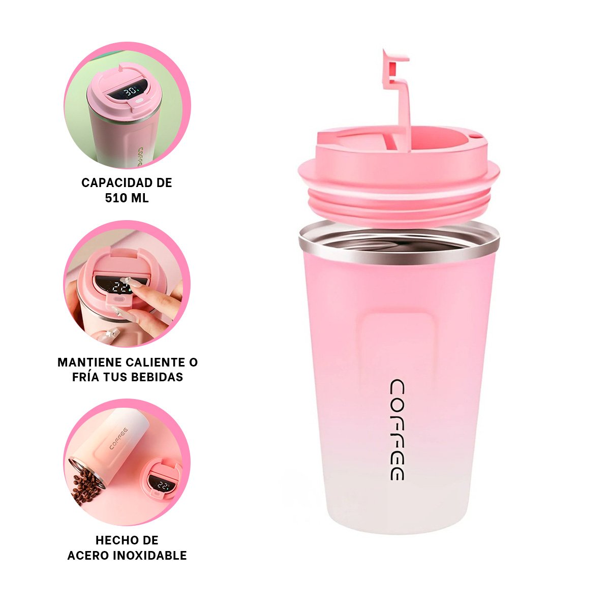 VASO DIGITAL 510ML ROSADO CON BLANCO MANTIENE BEBIDAS CALIENTES Y FRÍAS SIEMPRE Y+POST IT - 5