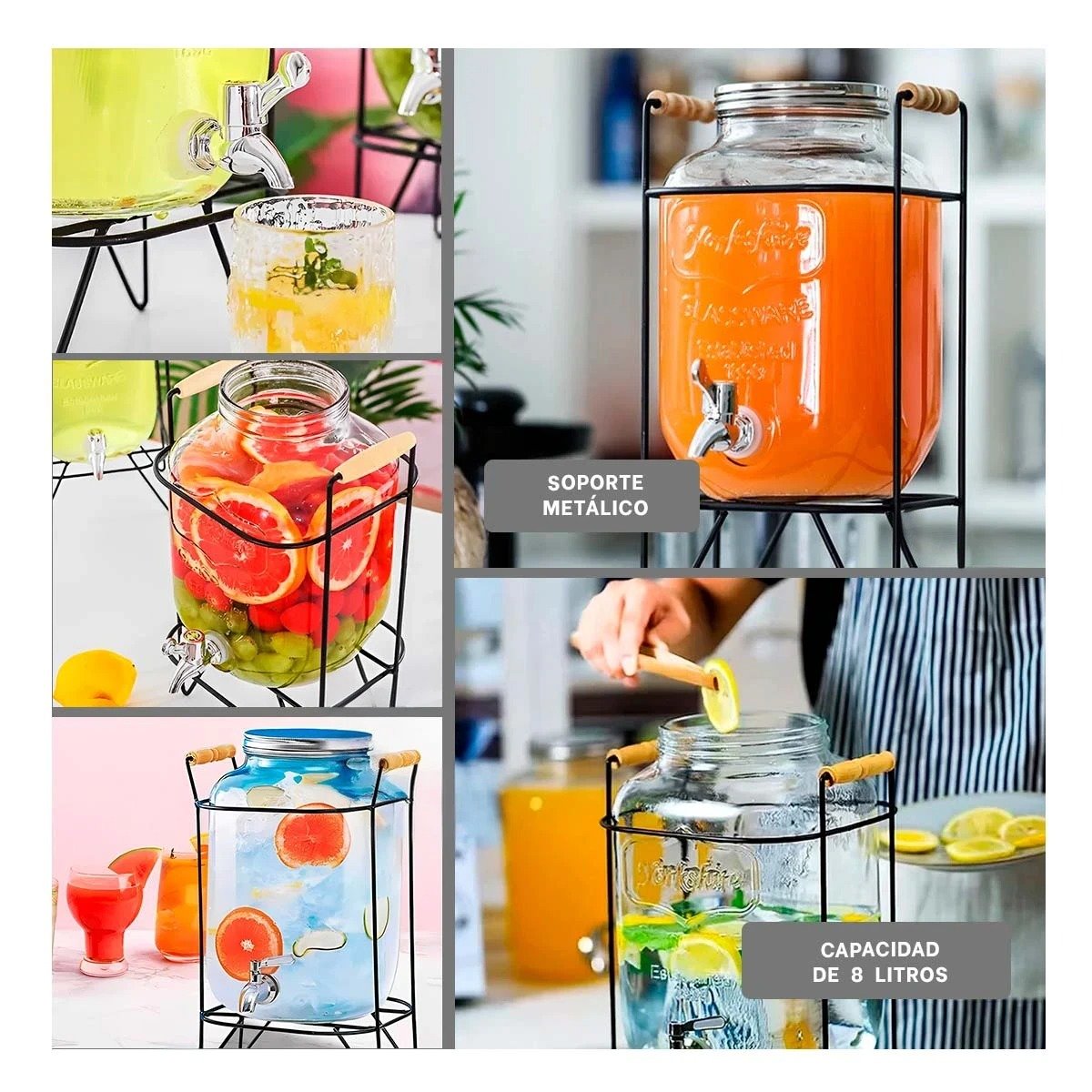 BOTELLA PARA LÍQUIDO 8L CON SOPORTE METÁLICO Y DETALLES TRANSPARENTES Y+LIGAS REGALO - 1