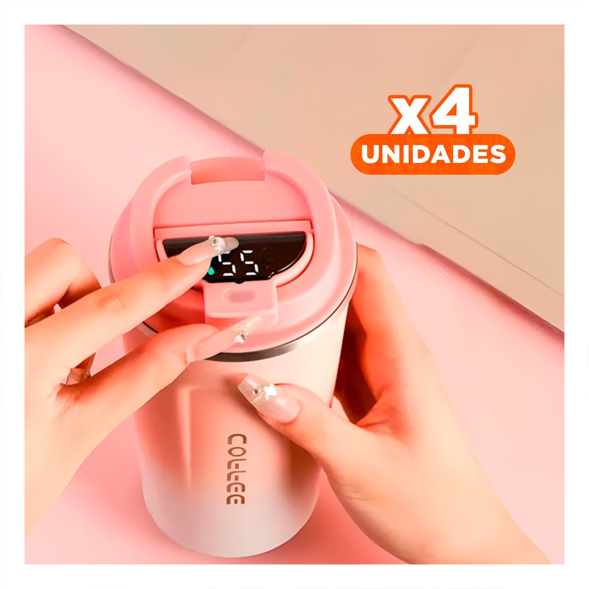 PACK4 RECIPIENTE DIGITAL 510ML ROSADO CON BLANCO MANTIENE CAFÉ Y+PAPEL REGALO - 1